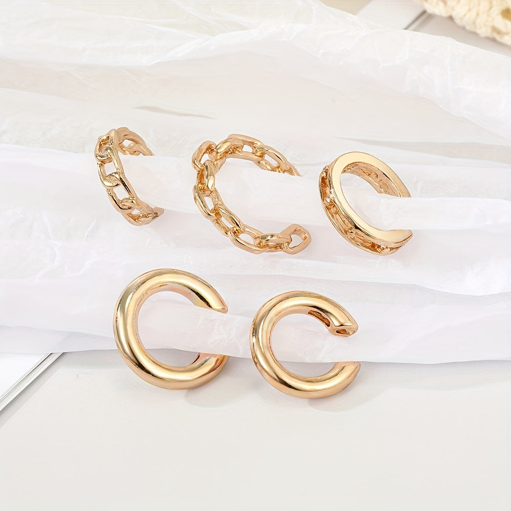 Golden Chain Ear Clip Set - 5pcs Trendy Minimalist Earrings