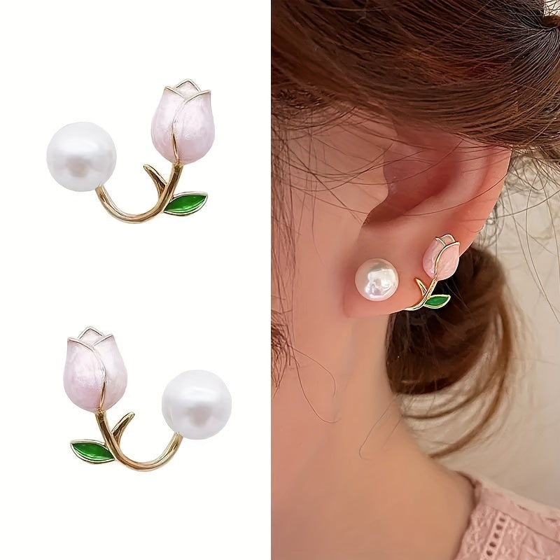 Sweet Tulip Stud Earrings with Pearl Accent