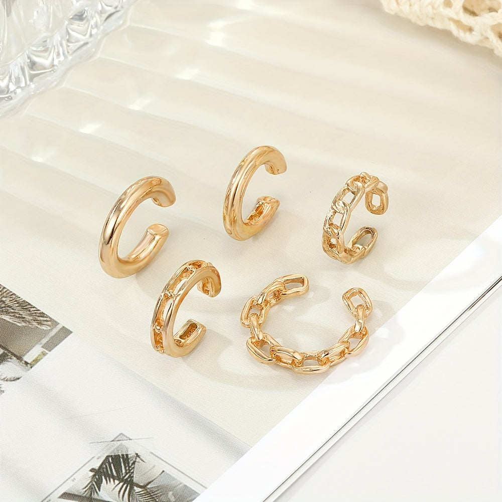 Golden Chain Ear Clip Set - 5pcs Trendy Minimalist Earrings