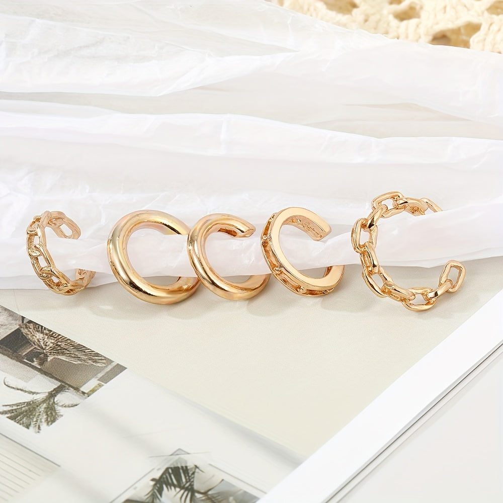 Golden Chain Ear Clip Set - 5pcs Trendy Minimalist Earrings