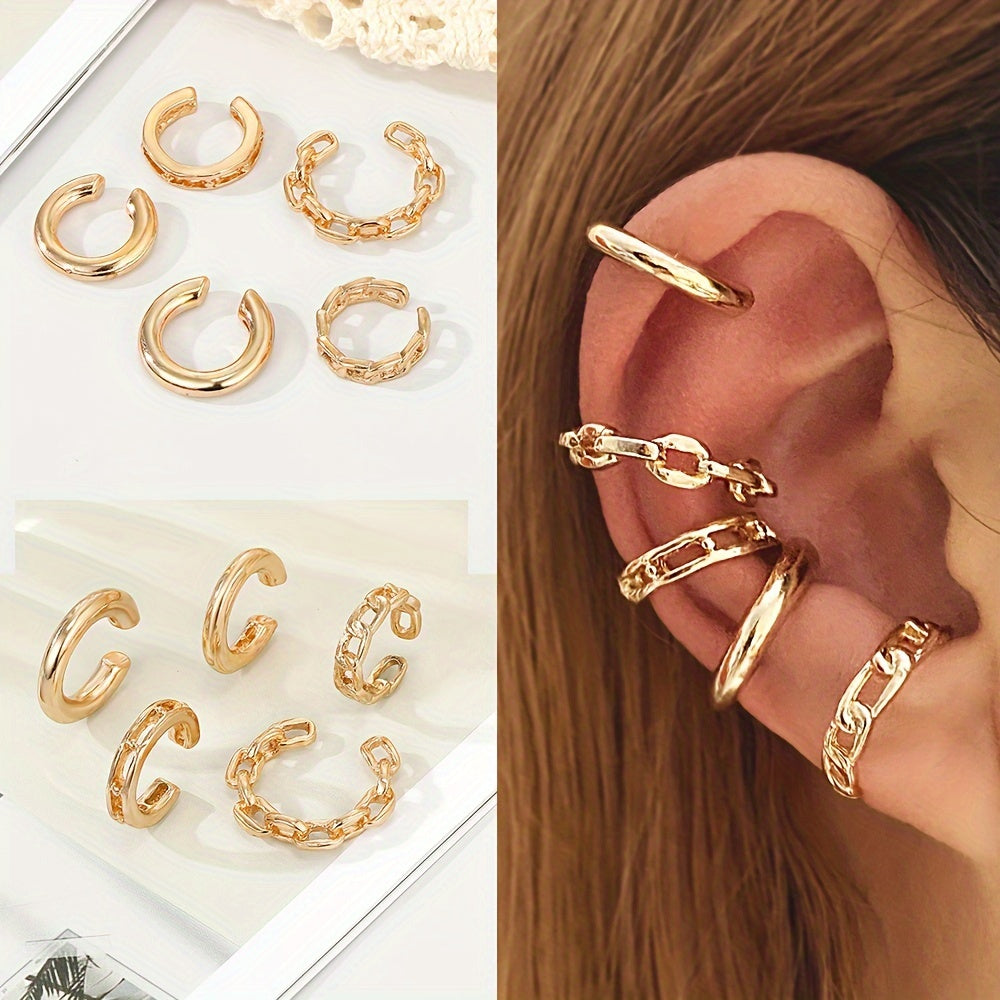 Golden Chain Ear Clip Set - 5pcs Trendy Minimalist Earrings