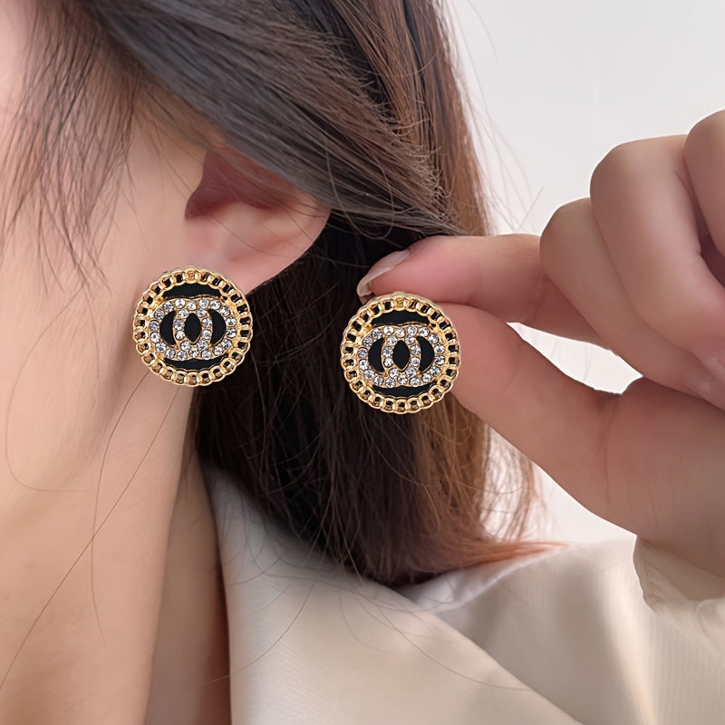 Elegant Black Crystal Double Circle Stud Earrings