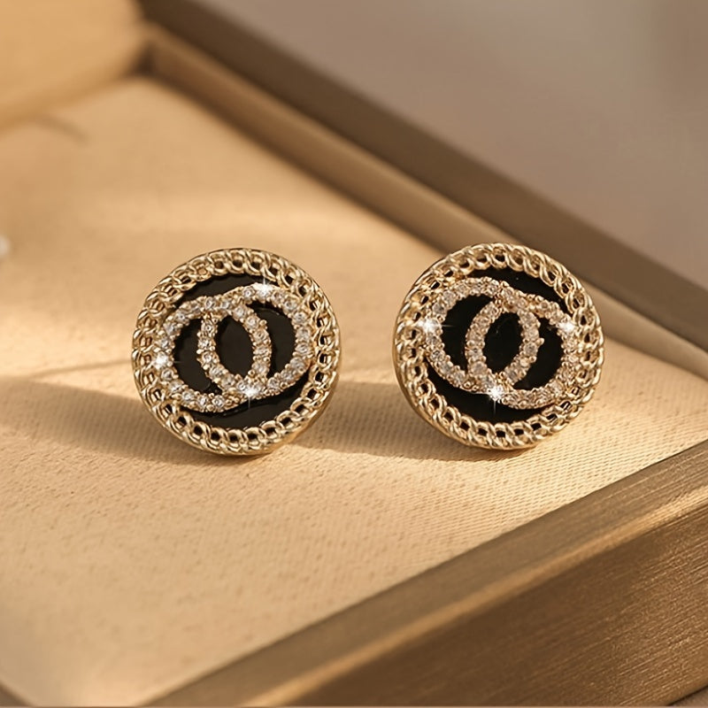 Elegant Black Crystal Double Circle Stud Earrings