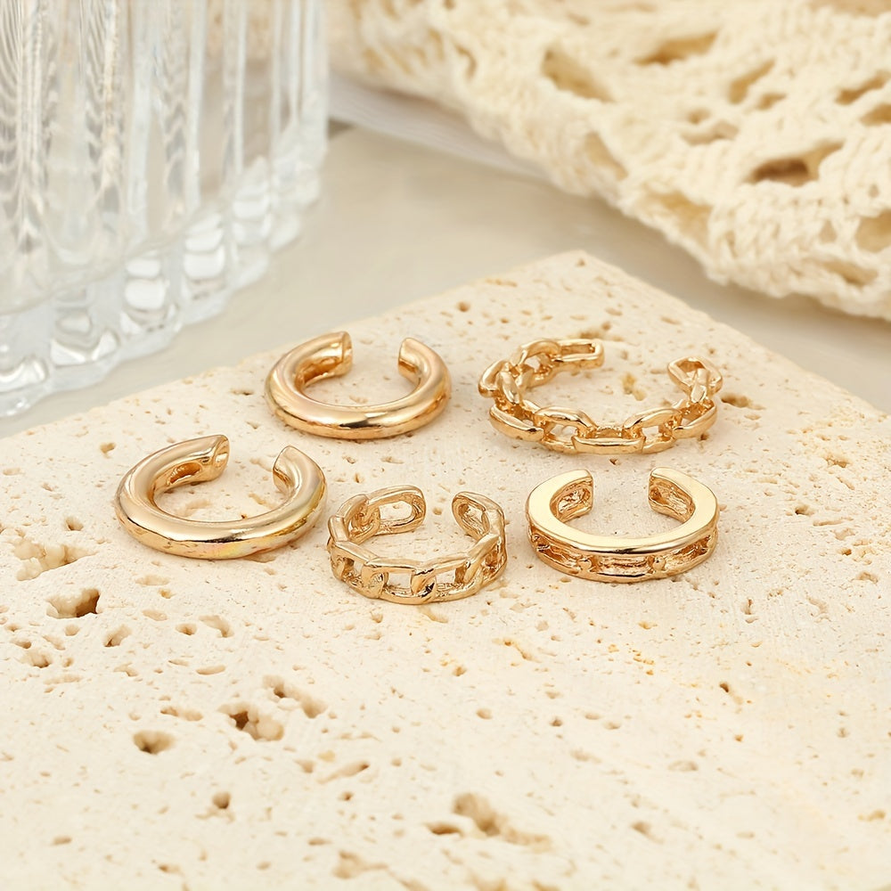 Golden Chain Ear Clip Set - 5pcs Trendy Minimalist Earrings