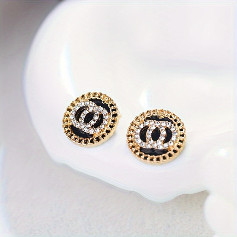 Elegant Black Crystal Double Circle Stud Earrings