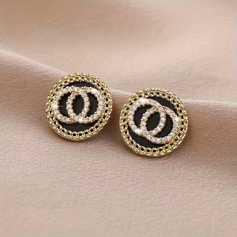 Elegant Black Crystal Double Circle Stud Earrings