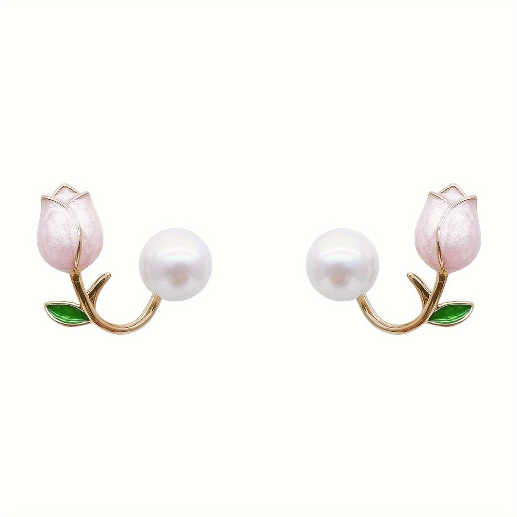 Sweet Tulip Stud Earrings with Pearl Accent