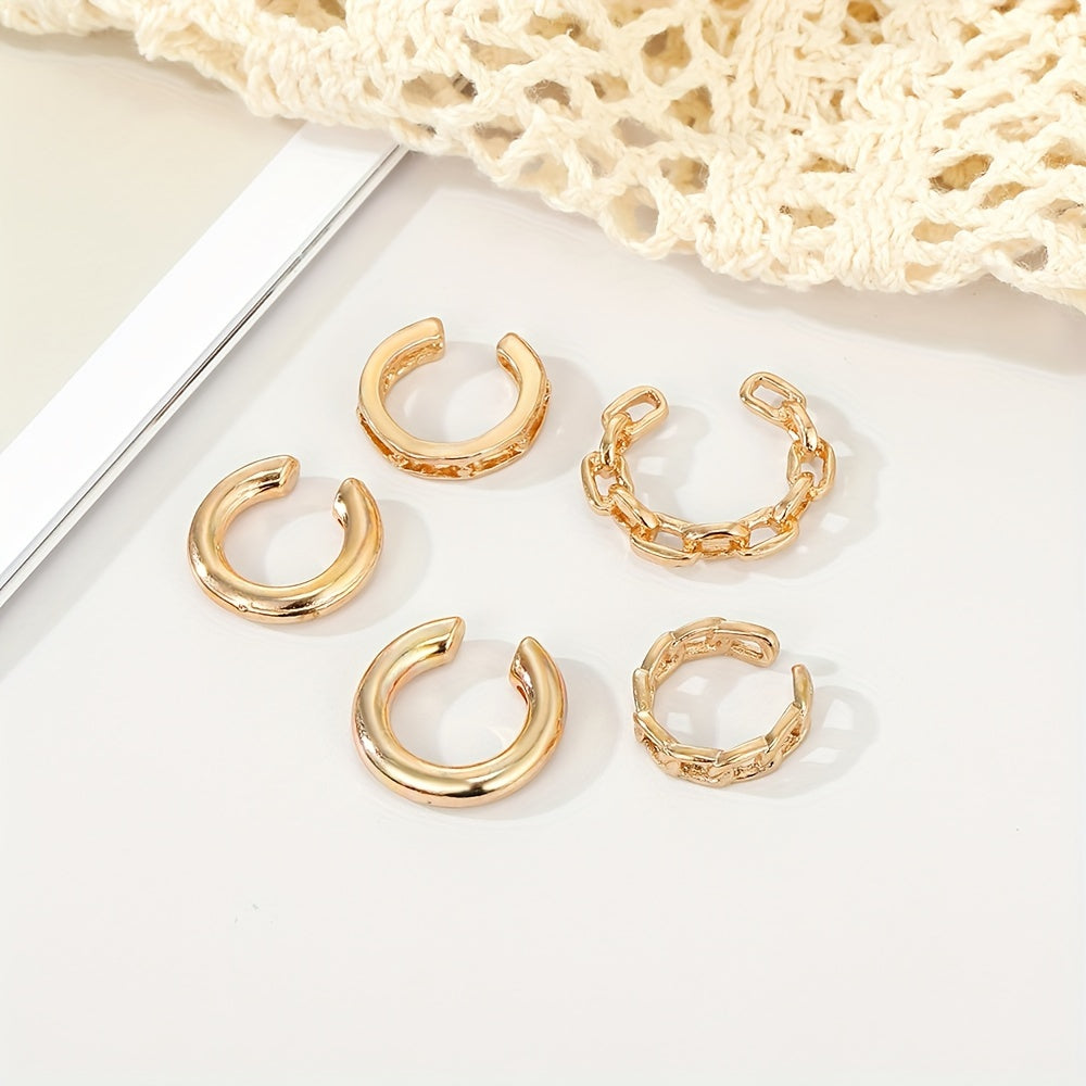 Golden Chain Ear Clip Set - 5pcs Trendy Minimalist Earrings