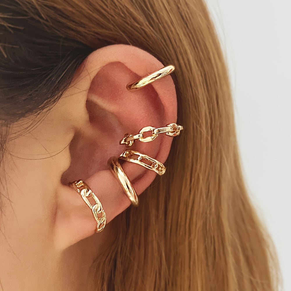 Golden Chain Ear Clip Set - 5pcs Trendy Minimalist Earrings