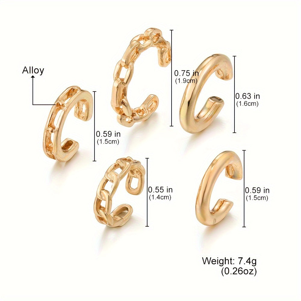 Golden Chain Ear Clip Set - 5pcs Trendy Minimalist Earrings